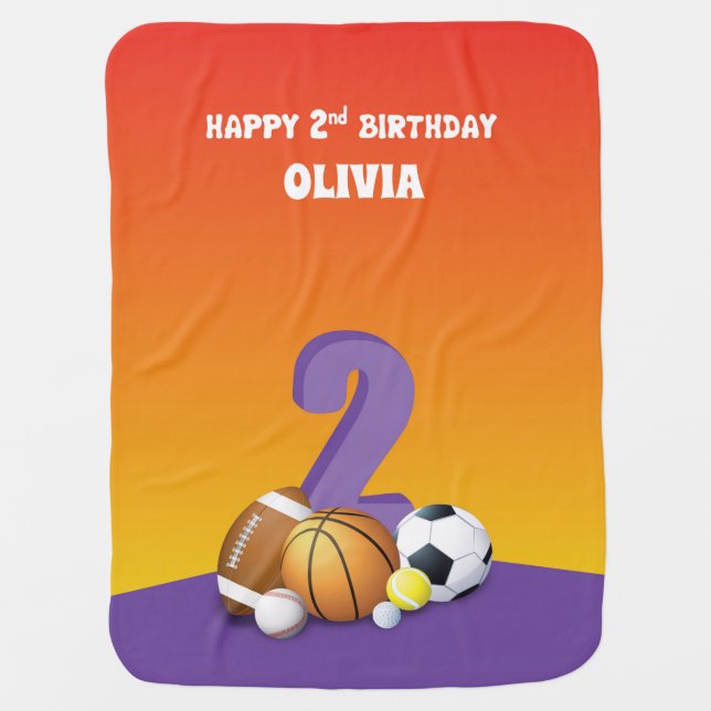 Custom Name Girl 2nd Birthday Sports Balls Baby Blanket (Front)