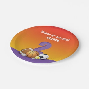 Custom Name Girl 2nd Birthday Sports Balls Paper Plates