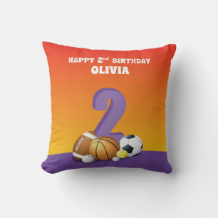 Custom Name Girl 2nd Birthday Sports Balls Throw Pillow