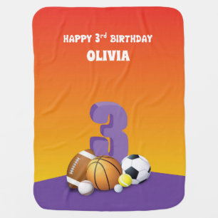 Custom Name Girl 3rd Birthday Sports Balls Baby Blanket