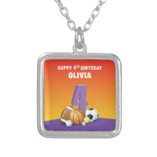 Custom Name Girl 4th Birthday Sports Balls Silver Plated Necklace