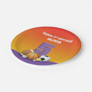 Custom Name Girl 5th Birthday Sports Balls Paper Plates