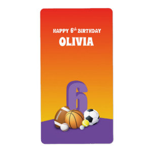 Custom Name Girl 6th Birthday Sports Balls Label