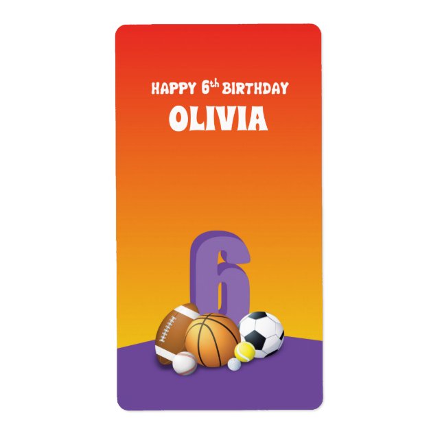 Custom Name Girl 6th Birthday Sports Balls Label (Front)