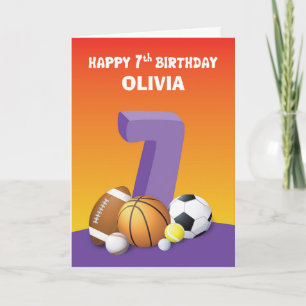 Custom Name Girl 7th Birthday Sports Balls Card