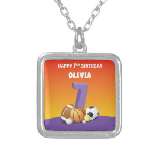 Custom Name Girl 7th Birthday Sports Balls Silver Plated Necklace