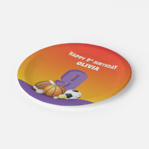 Custom Name Girl 9th Birthday Sports Balls Paper Plates