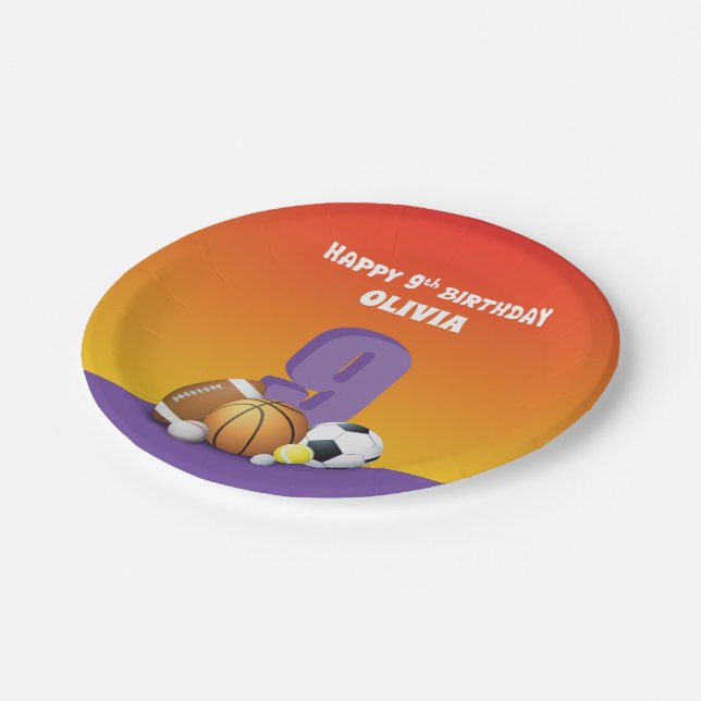 Custom Name Girl 9th Birthday Sports Balls Paper Plates (Angled)