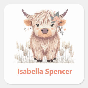Custom Name Girl Cute Modern Highland Cow Square Sticker