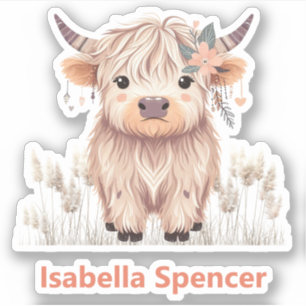 Custom Name Girl Cute Modern Highland Cow Sticker