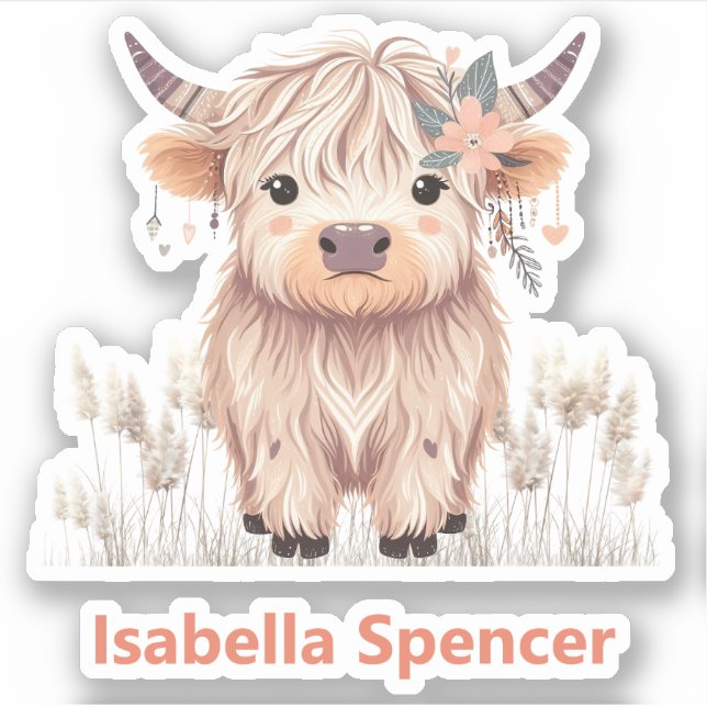 Custom Name Girl Cute Modern Highland Cow Sticker (Front)