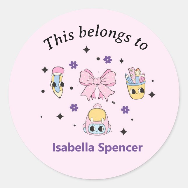 Custom Name Girl Cute This Belongs To Pink Classic Round Sticker (Front)