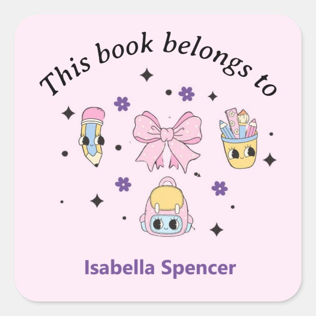 Custom Name Girl Cute This Book Belongs To Pink Square Sticker (Front)