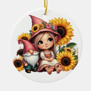 Custom name girl gnome sunflowers ceramic ornament