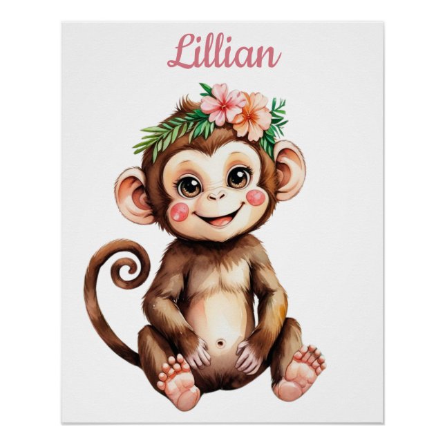 Custom Name Girl Nursery Baby Monkey Poster (Front)