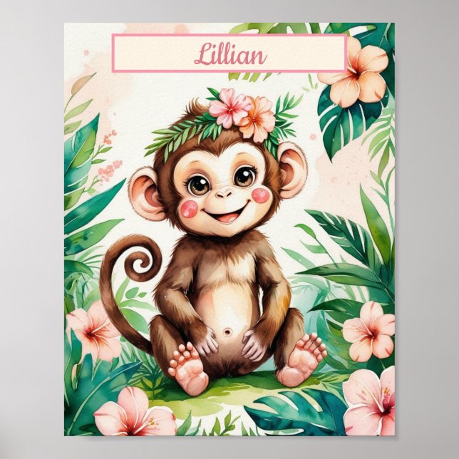 Custom Name Girl Nursery Baby Monkey Poster (Front)