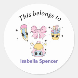 Custom Name Girls Cute This Belongs To Classic Round Sticker