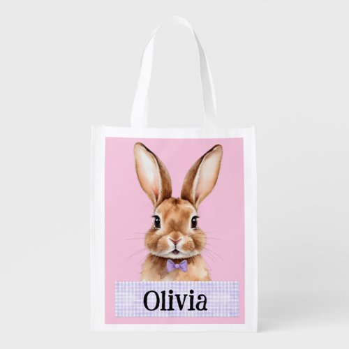 Custom Name Girls Easter Bunny Grocery Bag