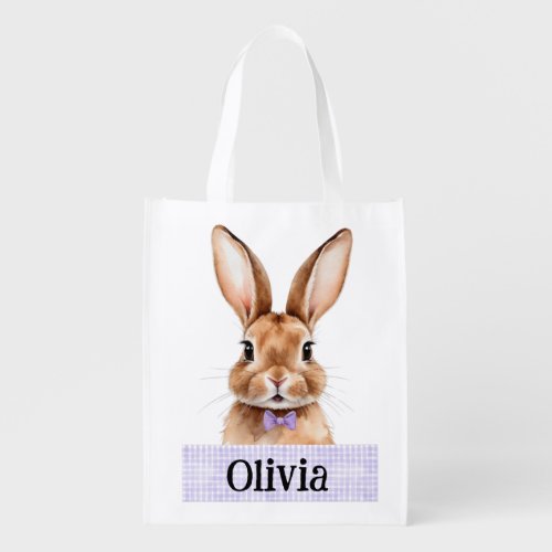 Custom Name Girls Easter Bunny White Grocery Bag