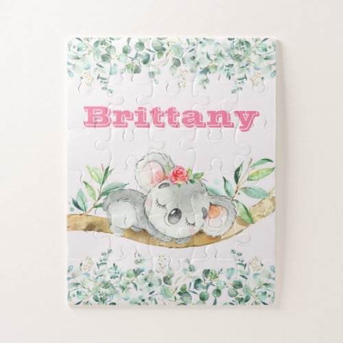 Custom Name Girls Koala Bear Pink  Greenery Jigsaw Puzzle