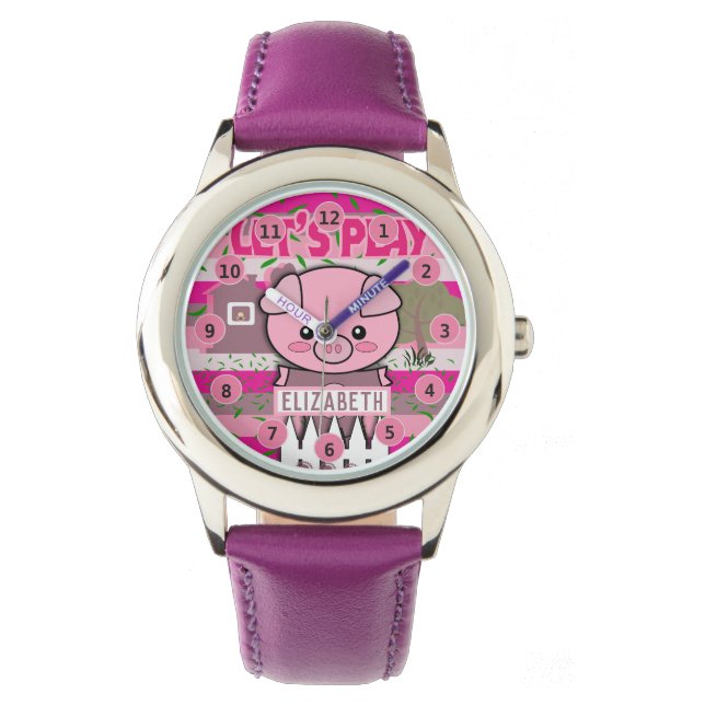 Custom Name Girls Pig Farm Kids Personalized Watch (Front)
