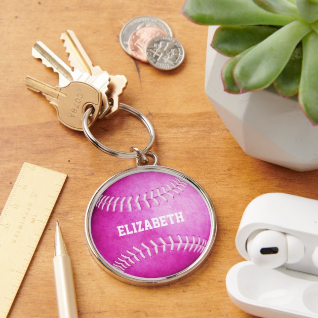 custom name girls pink softball keychain (Desk)