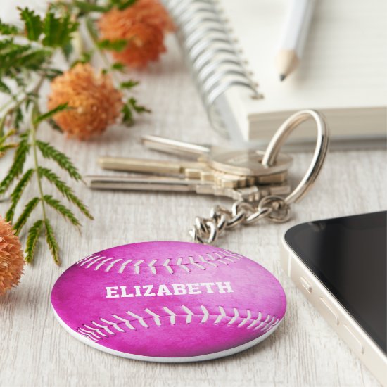 custom name girls pink softball keychain