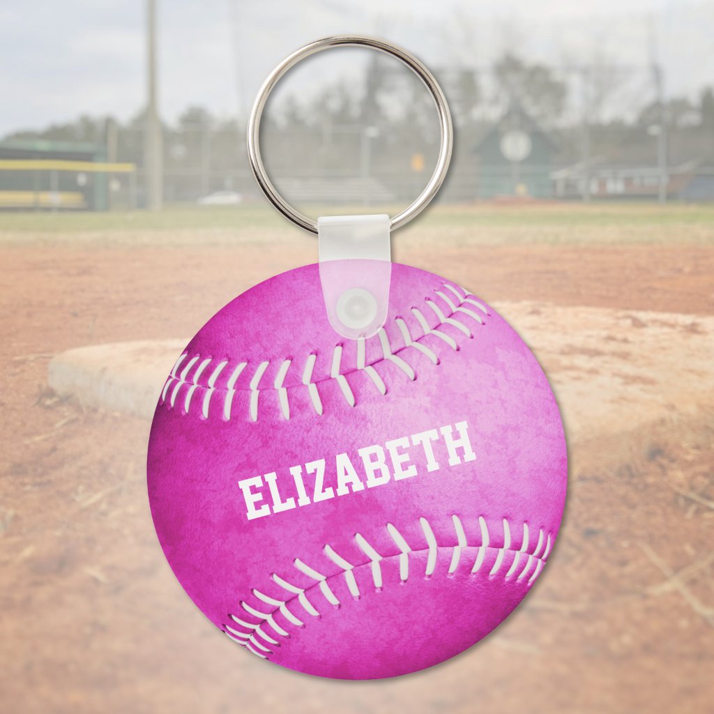 custom name girls pink softball keychain