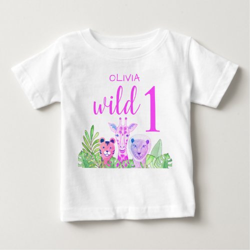 Custom Name Girls Pink Wild One Jungle Animals  Baby T_Shirt