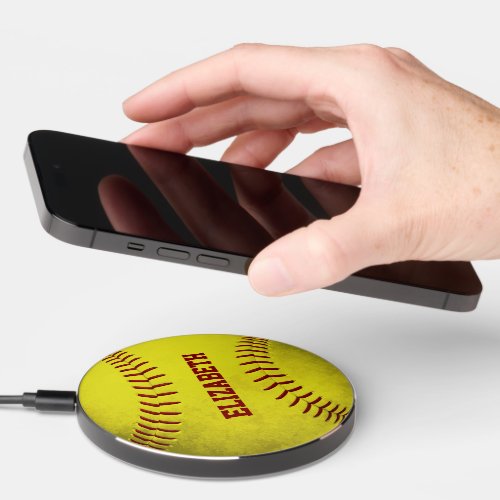 custom name girls yellow softball wireless charger 