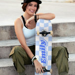 Custom Name Girly Blue White Checker Pattern Skateboard<br><div class="desc">This girly skateboard features a pastel blue and white wavy checkerboard pattern. The text in the middle is in a blue retro font with a drop shadow. Edit it to add the recipient's name (short names work best). You can also change the color of all parts in the Zazzle editor....</div>