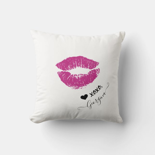 Custom Name Girly Chic Pink Kiss Lips Black Heart Throw Pillow (Front)