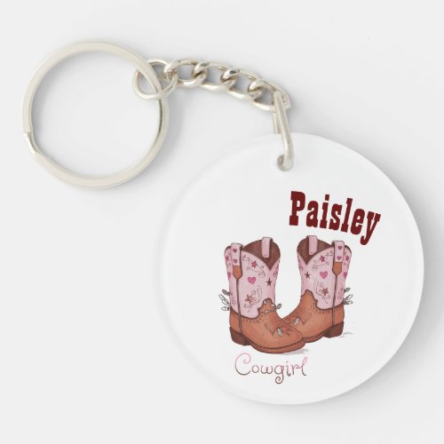 Custom Name Girly Cute CowGirl Boots Pink Brown Keychain