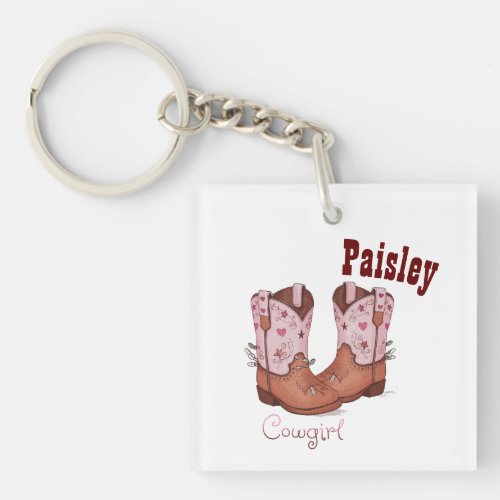 Custom Name Girly Cute CowGirl Boots Pink Brown Keychain