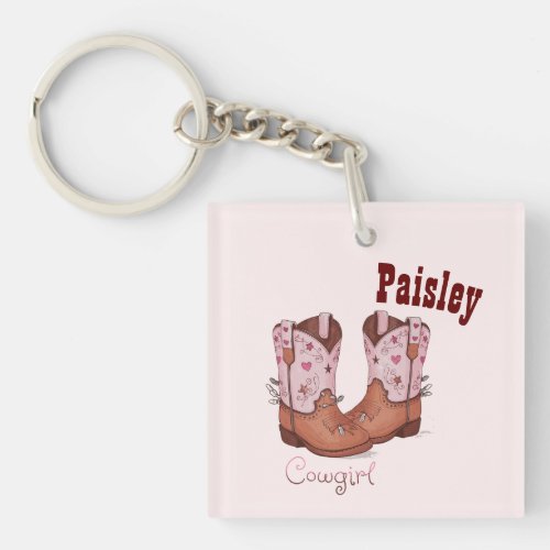 Custom Name Girly Cute CowGirl Boots Pink Brown Keychain