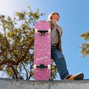 Custom Name Girly Faux Pink Glitter Skateboard