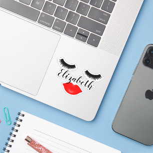 Custom Name Girly Lips and Lashes Red Sticker