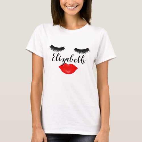 Custom Name Girly Lips and Lashes Red T_Shirt