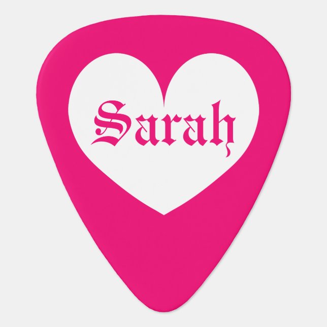 Custom name girly pink guitar pick with heart (Front)