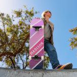 Custom Name Girly Pink Purple Stripes Skateboard<br><div class="desc">Custom Name Girly Pink Purple Stripes Skateboard features your personalized name in modern white typography on pink and purple stripes. Personalize by editing the text in the text box provided. Give a custom made gift, personalized skateboard to your favorite skateboarder for Christmas, birthday or to your BFF. Designed by ©Evco...</div>