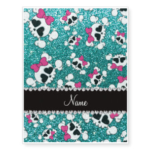 Custom name glitter aqua blue skulls pink bows temporary tattoos