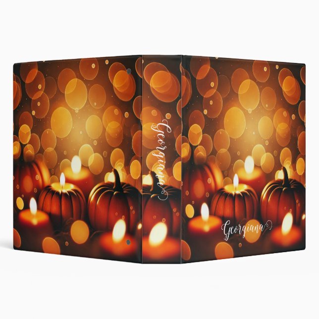 Custom Name Glowing Pumpkins Autumnal Bokeh Effect 3 Ring Binder (Background)