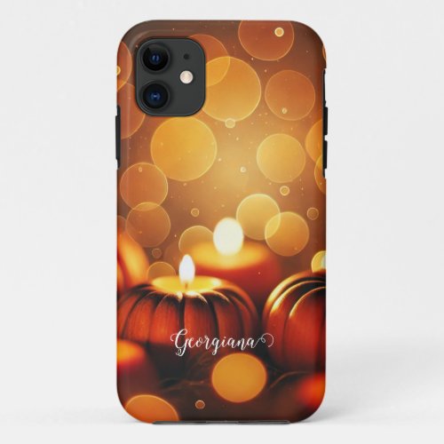 Custom Name Glowing Pumpkins Autumnal Bokeh Effect iPhone 11 Case