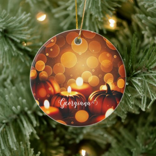 Custom Name Glowing Pumpkins Autumnal Bokeh Effect Ceramic Ornament