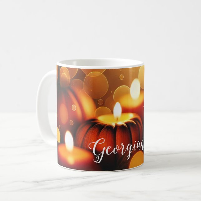 Custom Name Glowing Pumpkins Autumnal Bokeh Effect Coffee Mug (Front Left)