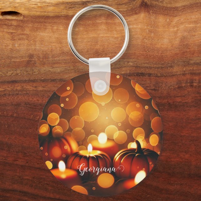 Custom Name Glowing Pumpkins Autumnal Bokeh Effect Keychain (Front)