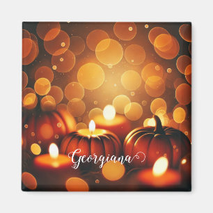 Custom Name Glowing Pumpkins Autumnal Bokeh Effect Magnet
