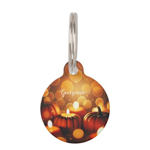 Custom Name Glowing Pumpkins Autumnal Bokeh Effect Pet ID Tag