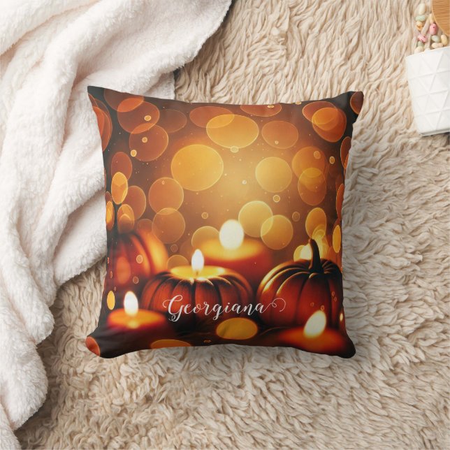 Custom Name Glowing Pumpkins Autumnal Bokeh Effect Throw Pillow (Blanket)