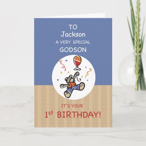 Custom Name Godson 1st Teddy Bear Balloon Birthday Card